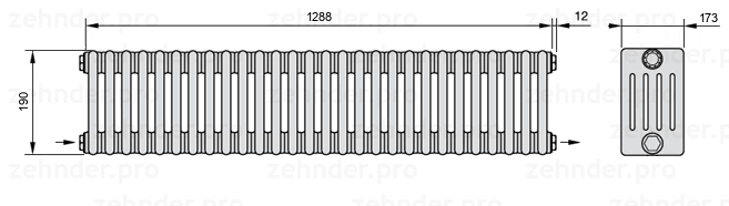Схема (чертеж) Радиатор Zehnder Charleston 5019/28 №2670 Белый глянцевый RAL 9016